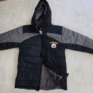 Pittsburgh Steelers Reebok Hooded Puffer Jacket Youth L 14/16 Black‎ Gray NFL